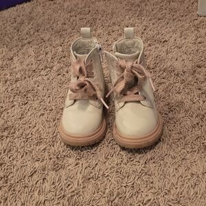 Kids Cream Lace-Up Ankle Boots with Pink Accents